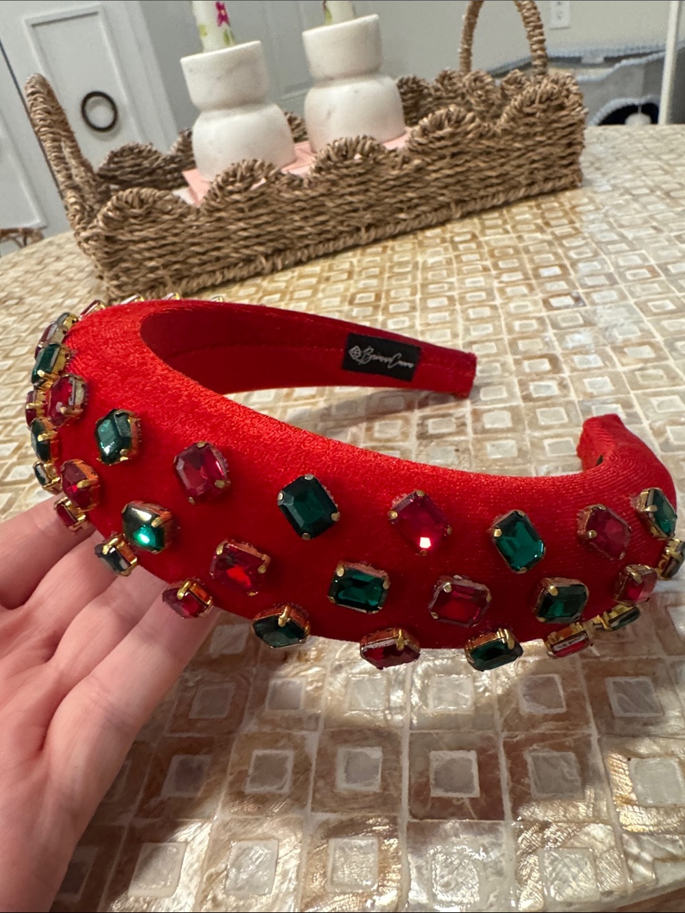 Embellished Red Velvet Headband with Green and Pink Gems